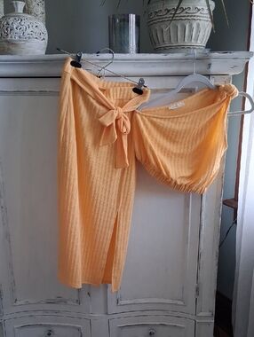New Ribbed Tie-Waist Midi Skirt And One Shoulder Top in Peach